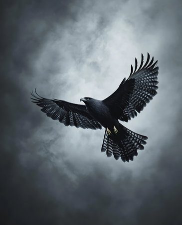 3d rendering of a black eagle flying in the sky with cloudsの写真素材