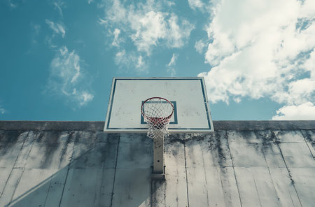 Basketball hoop on blue sky with clouds background, vintage tone.の写真素材