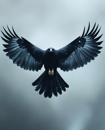 Black crow flying in the cloudy sky. 3d rendering. Computer digital drawing.の写真素材