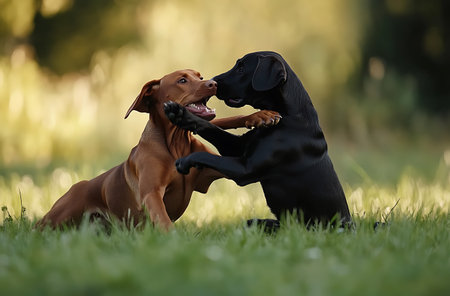 Two Rhodesian Ridgeback puppies playing in the park. Selective focus.の写真素材