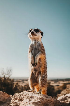 Meerkat standing on its hind legs and looking at the cameraの写真素材