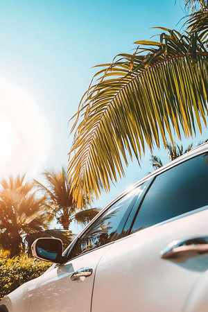 Car on the beach with palm tree and sun flare. Summer vacation conceptの写真素材
