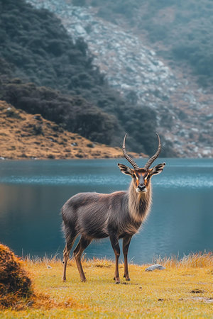 Male waterbuck standing in front of a lake with mountains in the backgroundの写真素材
