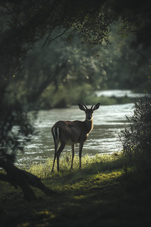 A male whitetail deer standing on the edge of a riverの写真素材