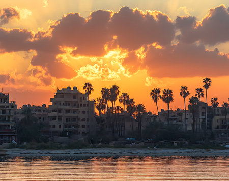 Sunset over the Nile river in Luxor, Egypt, Africaの写真素材