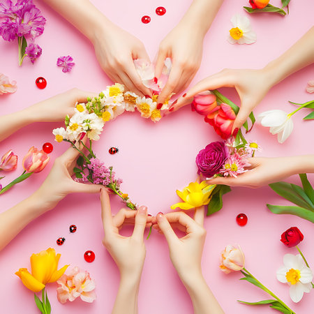 Creative flat lay top view of female hands holding spring flowers on pink background with copy space in minimal style.の写真素材