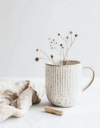 Ceramic cup with dry flowers on a white background. Still life.の写真素材