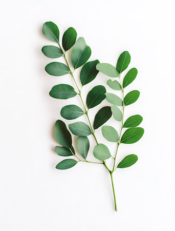 Eucalyptus leaves on white background. Flat lay, top viewの写真素材