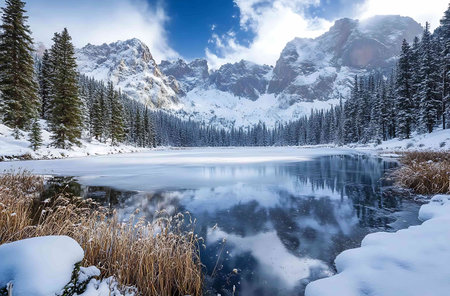 Beautiful winter landscape of Lake Misurina in Dolomites, Italyの写真素材