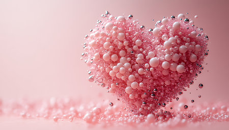 Pink heart with water drops on pink background. Valentine's day concept.の写真素材