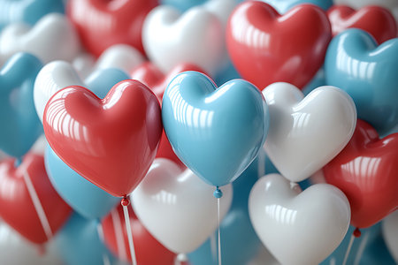 Colorful balloons in shape of heart on blurred background, closeupの写真素材