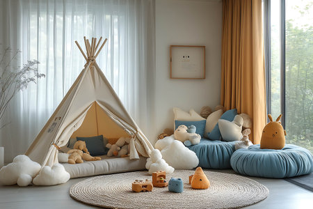 3d rendering of children's room interior with teepee and toysの写真素材