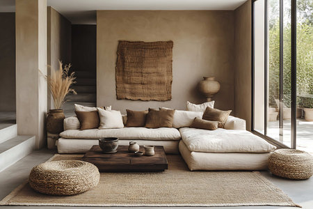 Modern living room interior design with sofa, cushions, coffee table and rattan chair. 3d renderの写真素材