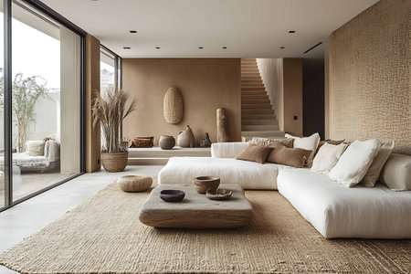 Interior of modern living room with beige walls, carpet on the floor, comfortable sofa with cushions and coffee tableの写真素材