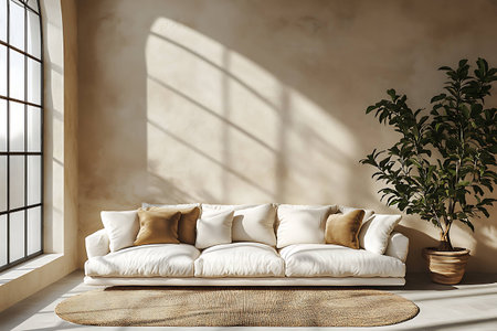 Interior of modern living room with beige walls, concrete floor, comfortable white sofa and plant. 3d renderingの写真素材