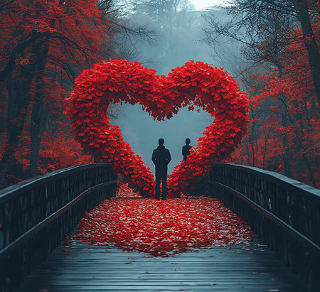Conceptual image of love and valentine's day. Silhouette of a loving couple on a wooden bridge in the autumn forest.の写真素材