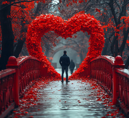 Man walking on the bridge in the park with heart-shaped red leavesの写真素材