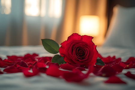 Red rose and petals on the bed in the morning light.の写真素材