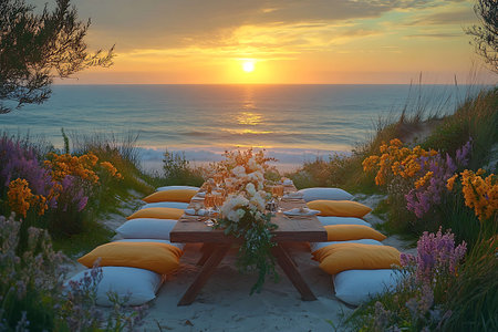 Sunset at the beach. Table with chairs and tablecloth.の写真素材