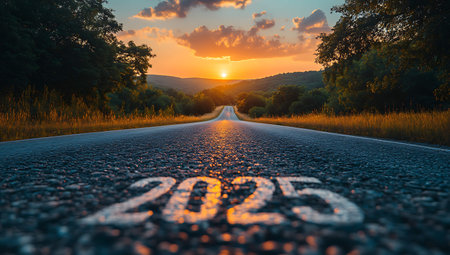 2020 new year on asphalt road in the meadow at sunset.の写真素材