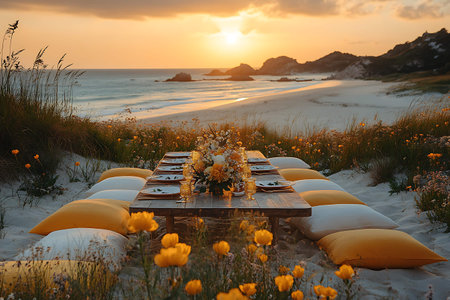 Wedding table setting on the beach at sunset. Wedding in Montenegroの写真素材