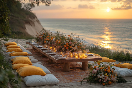 Wedding table setting on the beach at sunset. Wedding decor with flowers, candles and towels.の写真素材