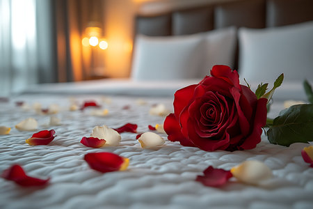 Beautiful red rose on the bed with rose petals and candlesの写真素材
