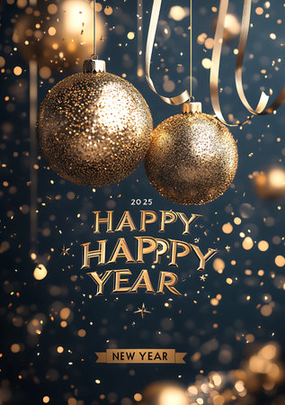 Happy New Year greeting card with golden Christmas balls and confetti. Vector illustration.の写真素材