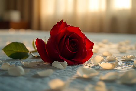 Red rose and petals on a white tablecloth in a roomの写真素材