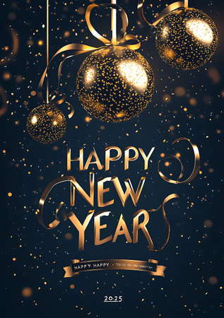 Happy New Year greeting card with golden baubles. Vector illustration.の写真素材
