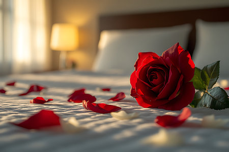 Red rose on the bed with rose petals. Romantic concept.の写真素材