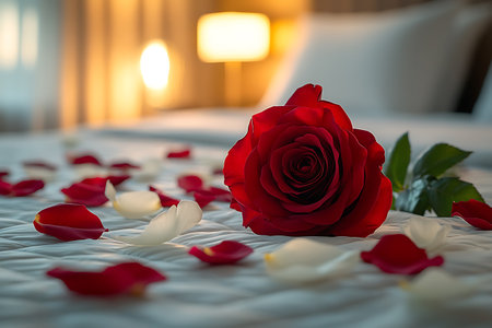 Beautiful red rose on the bed with rose petals and candlesの写真素材