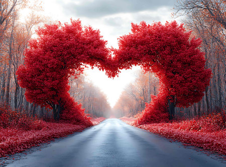 Valentine's day background with heart shaped trees and asphalt roadの写真素材