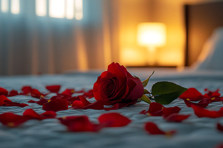 Red rose petals on bed in bedroom. Valentine's day concept.の写真素材