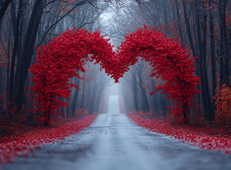 Heart shape of red leaves on the road in the autumn forest.の写真素材