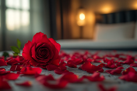 Red rose on the bed in the bedroom. Valentine's day concept.の写真素材