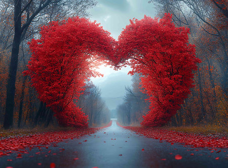 Valentines day background with heart shaped trees and road in fogの写真素材