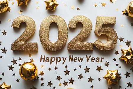 Happy New Year 2015 text with gold christmas decoration on white backgroundの写真素材