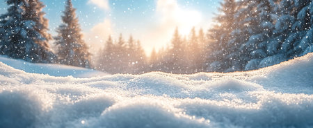 Winter landscape with snowy fir trees and falling snowflakes. Panoramaの写真素材