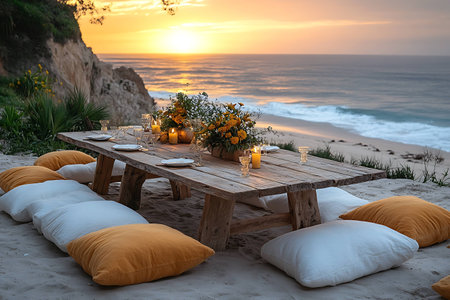 Table setting on the beach at sunset, Bali island, Indonesiaの写真素材