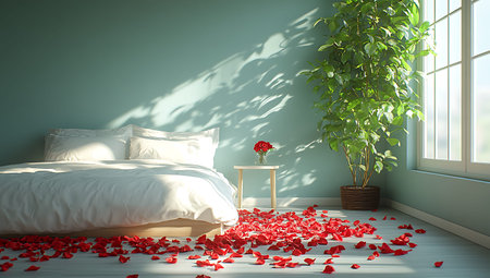Bedroom interior with red rose petals. 3d render.の写真素材