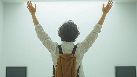 Rear view of young woman with backpack standing with arms outstretched in officeの素材
