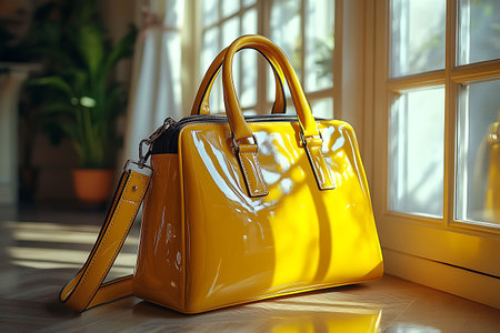 Yellow leather bag standing on the floor near the window. 3d renderingの素材