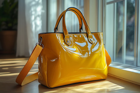 Luxury yellow leather bag on the floor near the window.の素材
