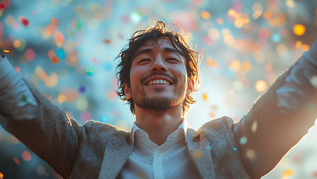 Portrait of a young man with confetti in the background.の素材