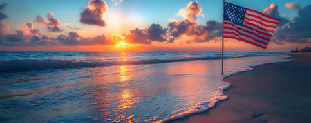 American flag on the beach at sunset. Panoramic view.の素材
