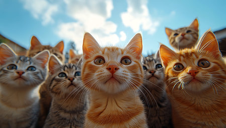 Group of orange kittens with blue sky and white clouds in the backgroundの素材