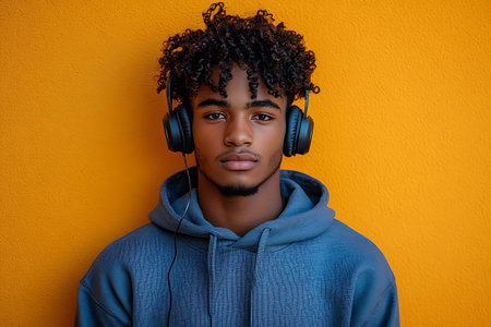 Portrait of a young african american man listening to music with headphonesの素材