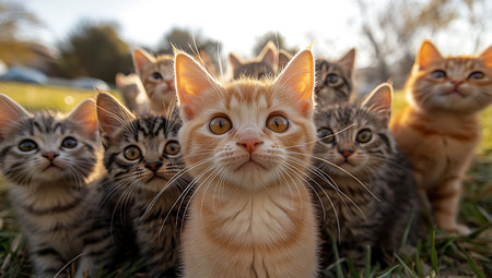 Group of kittens in the grass. Selective focus on the eyes.の素材