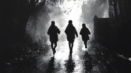 Silhouette of a group of soldiers running in the rain.の写真素材